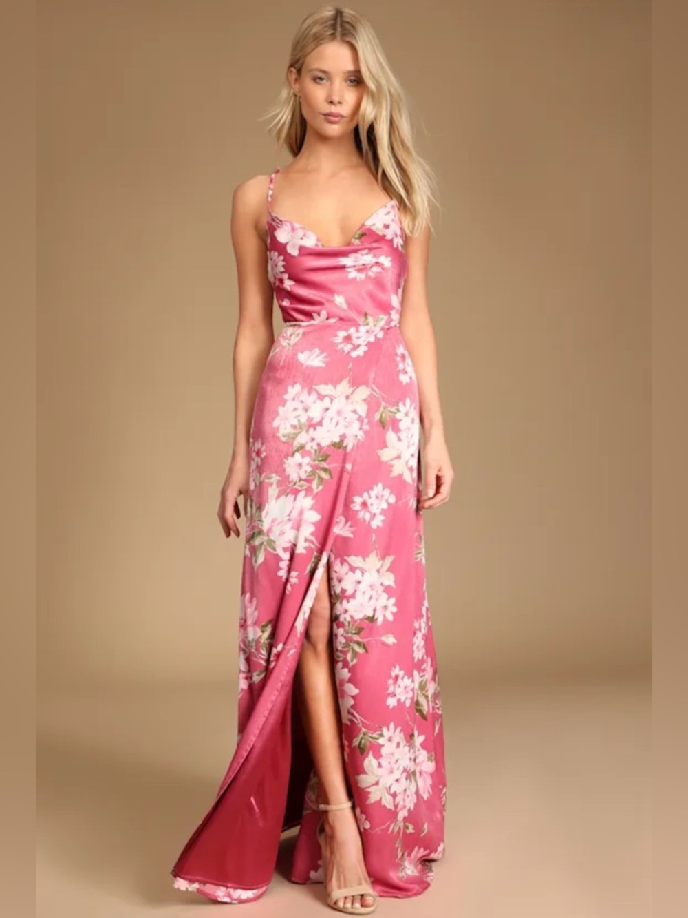 Lulu’s Love of Romance Pink Floral Cowl Neck Dress